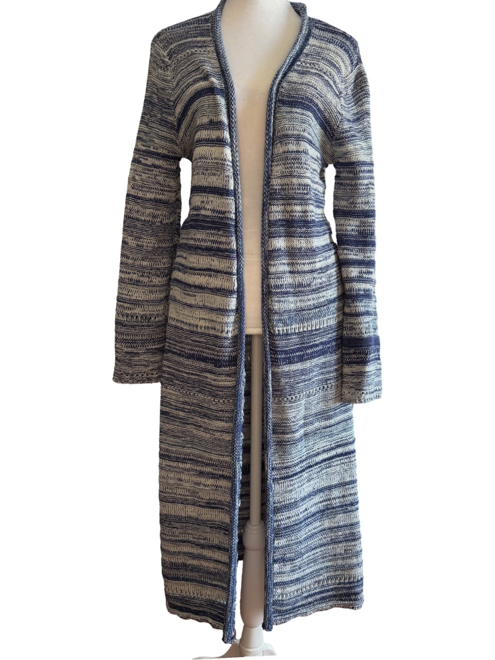 Billabong Women’s Long Open-Front Blue & White Knit Cardigan Sweater Size L